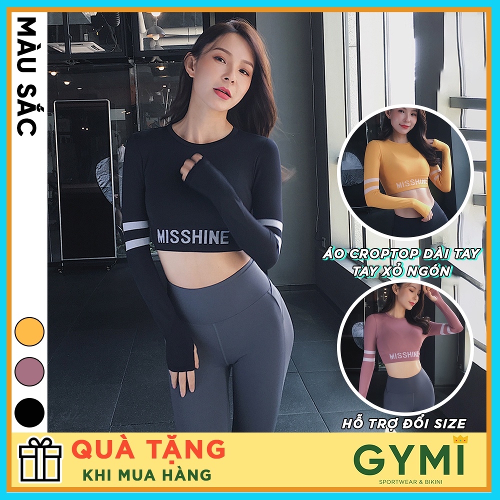 Áo tập gym yoga nữ dài tay GYMI AD11 dáng croptop thể thao chất dệt co giãn logo Misshine vải mịn mát