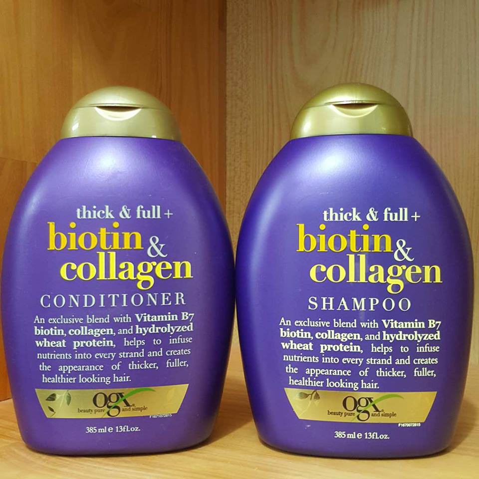 Cặp dầu gội dầu xả OGX Thick and Full Biotin and Collagen 385ml*2 chống rụng tóc hiệu quả và hỗ trợ kích thích mọc tóc