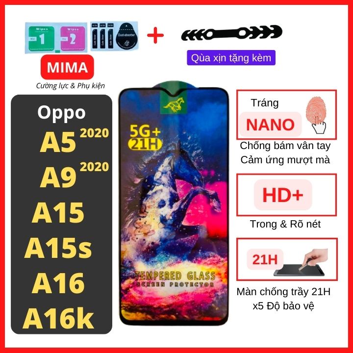 Kính cường lực Oppo A9 / A5 2020/A15/15s/A16/A16k Full màn cao cấp OG+ độ cứng 21H siêu mượt hạn chế bám vân tay [MIMA]
