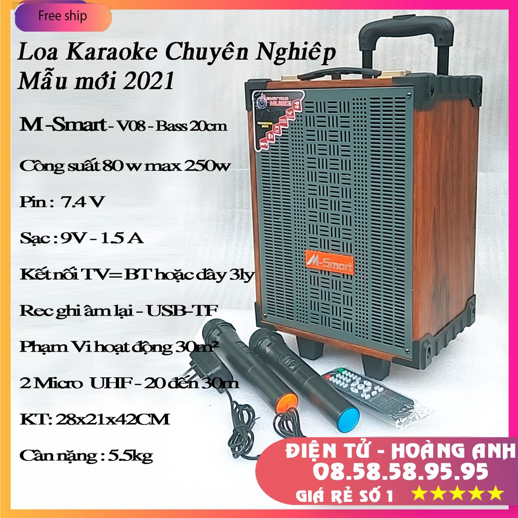 Loa kéo 2 tấc M-smart MS-V08, công suấ lớn, bass trầm ấm, âm thanh chuyên nghiệp, 2 micro