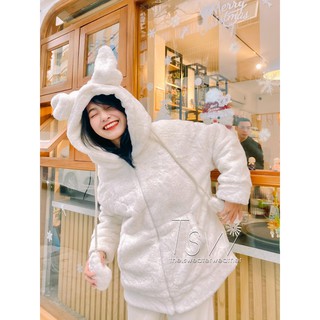 Áo khoác lông tai thỏ cử động