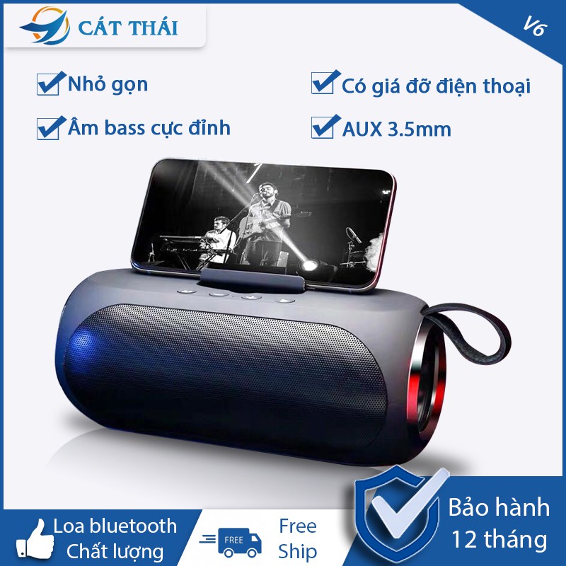 Cát Thái Loa bluetooth V6 âm bass chất lượng thích hợp dùng kết nối máy tính điện thoại kèm kệ đựng điện thoại mini loa