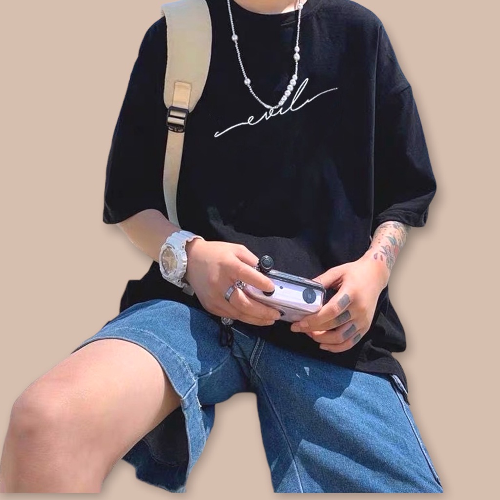 Áo thun nam nữ - Áo phông nam nữ tay lỡ form rộng unisex chữ kiểu EVIL vải dày mịn