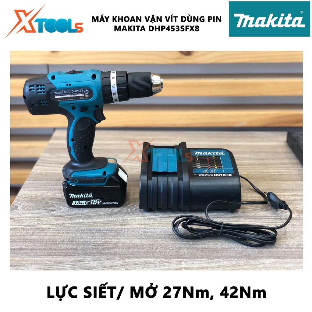 Máy khoan vặn vít Makita DHP453SFX8 | Máy khoan búa chạy pin Lực vặn tối đa: Cứng/mềm 42/27 N.m dùng trong các công việc