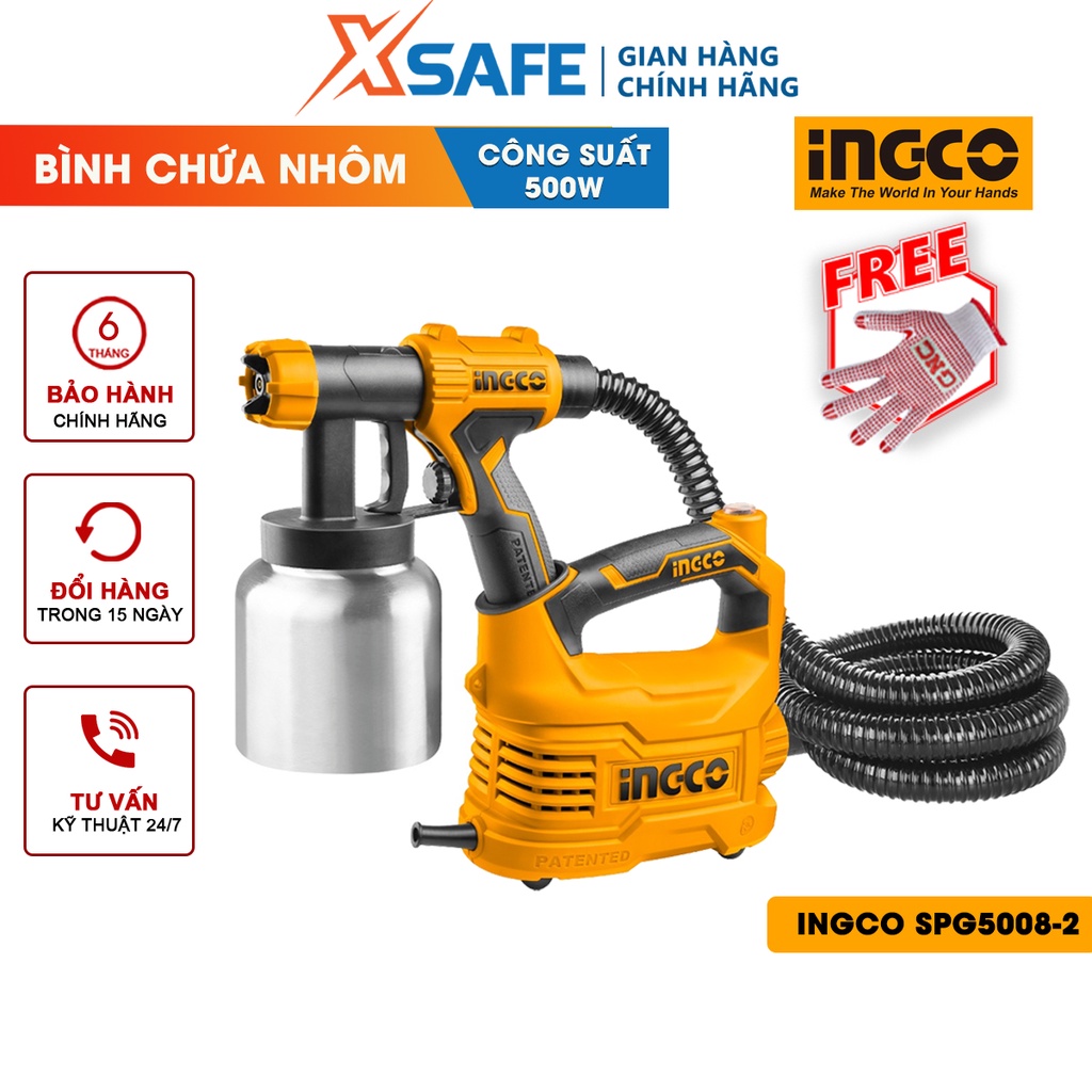 Máy phun sơn điện cầm tay INGCO SPG5008-2 500W đầu béc 2.5mm, bình chứa nhôm 800ml - bảo hành chính hãng 6 tháng - xsafe