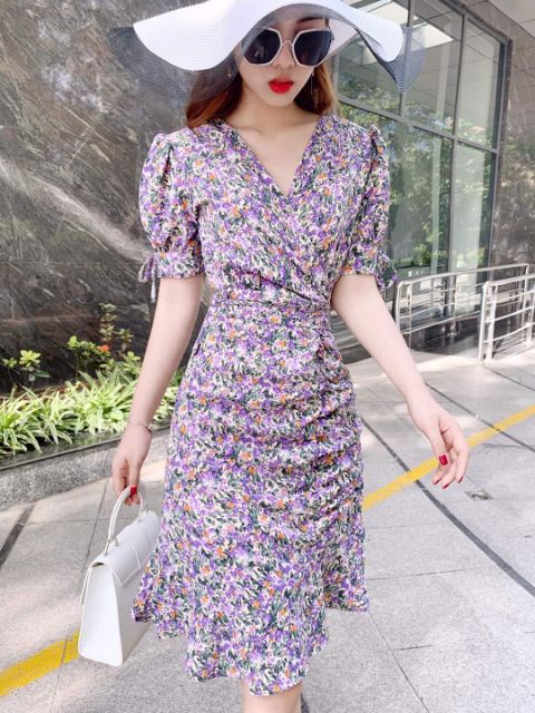 Váy hoa nhí tím nhún eo dáng đuôi cá