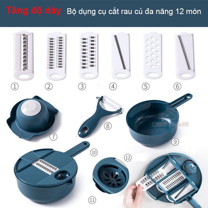 Bộ Nạo Rau Củ Đa Năng Kèm Rổ Đựng Có Tay Cầm 12 Chi Tiết, Bộ Nạo Rau Củ Đa Năng Vô Cùng Tiện Lợi Cho Nhà Bếp