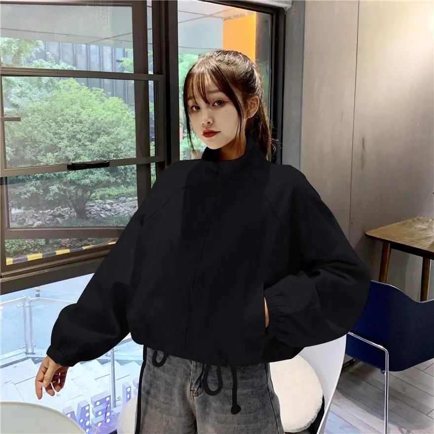 Áo Khoác Lửng Tay Dài Màu Xanh Lá/Kaki/Đen Dây Rút Phong Cách Hàn Quốc Cho Nữ