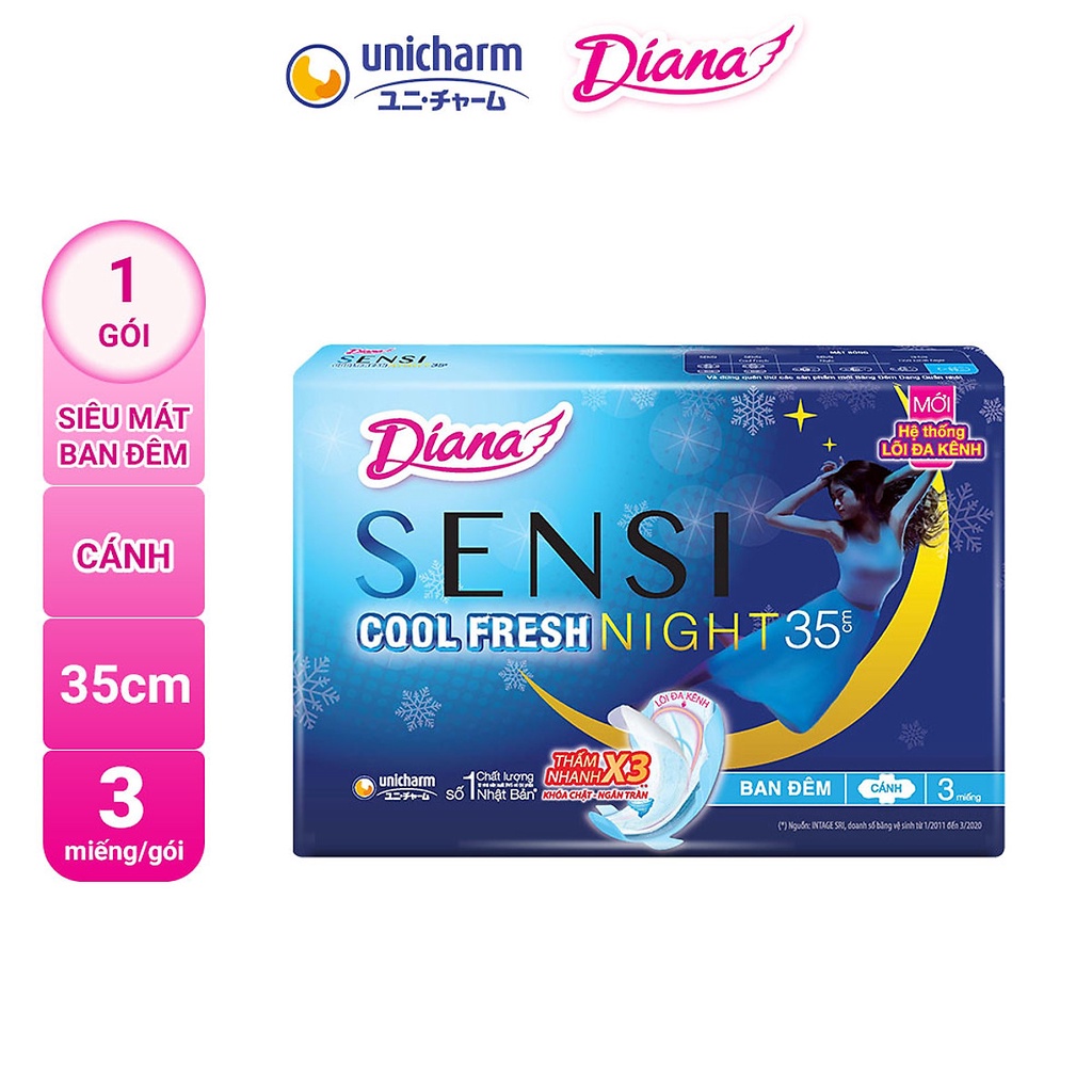 Băng vệ sinh DIANA Sensi Cool Fresh Night - BVS chống tràn ban đêm dài 35 cm 3 Miếng 1 gói