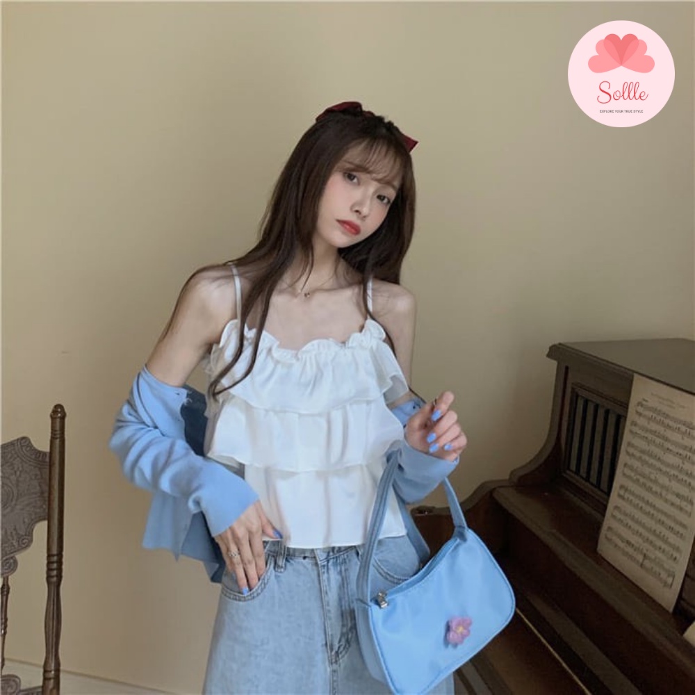 Áo nữ 2 dây viền bèo 3 tầng chất đũi mát ulzzang 2 màu trắng đen mùa hè Hàn Quốc Sollle