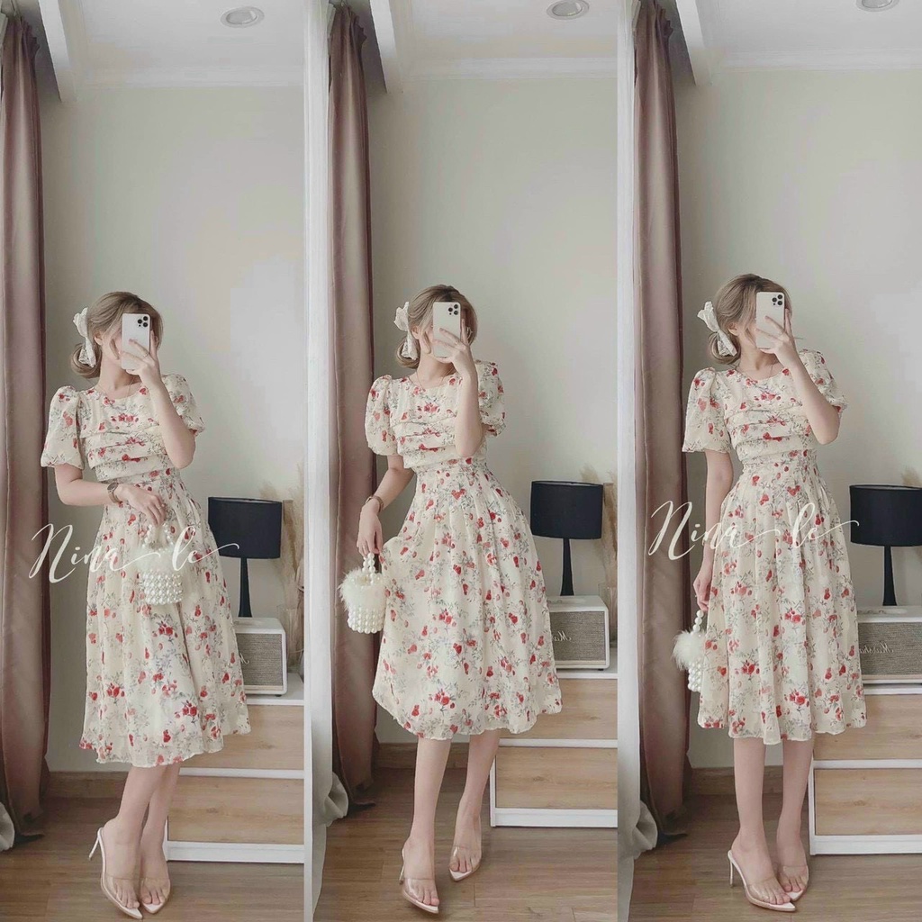 [HCM] Đầm Nữ Voan Hoa Chingfon 2 Lớp Thời Trang Nữ Sam Closet Free Size 40-55kg