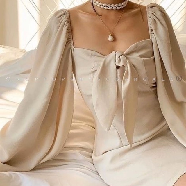 Váy đầm cổ vuông tay bồng thắt nơ ngực sạn cát - by SugarG