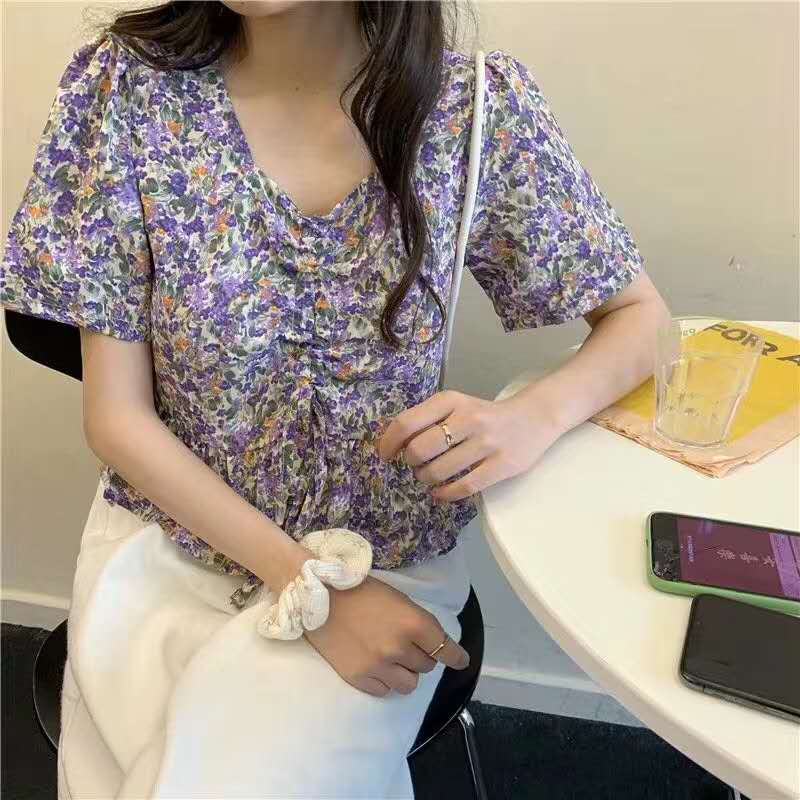 Women's French Drawstring Chiffon Shirts Loose French Fashion Summer Short Sleeve Crop Tops | BigBuy360 - bigbuy360.vn