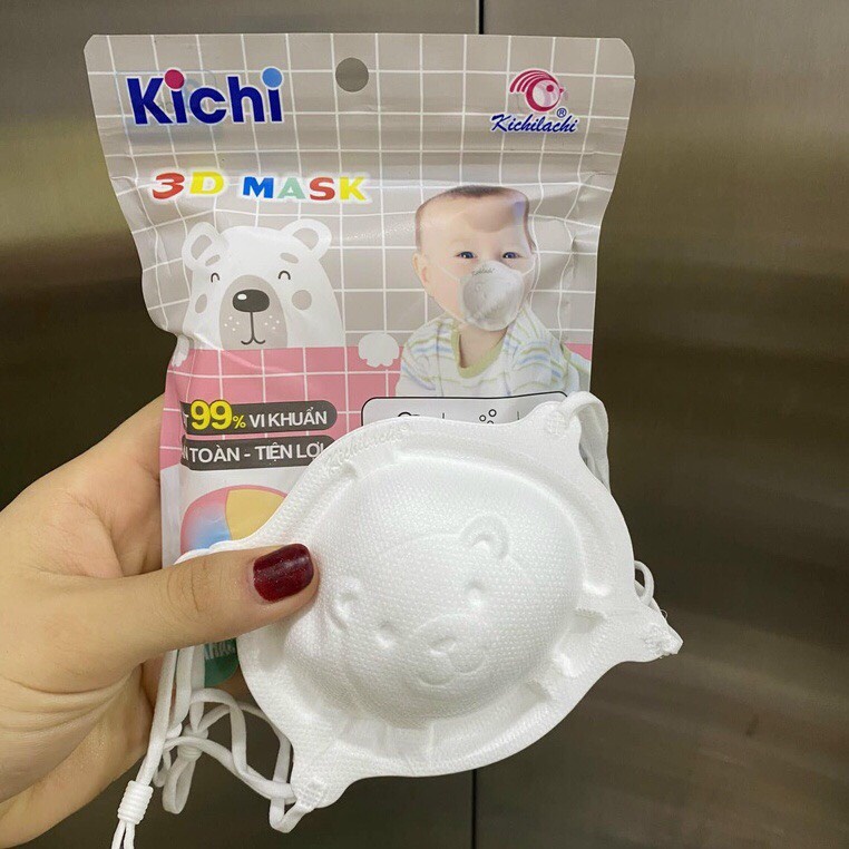 Túi 3 khẩu trang 3D gấu Kichilachi có thể điều chỉnh quai cho bé từ 1-6 tuổi