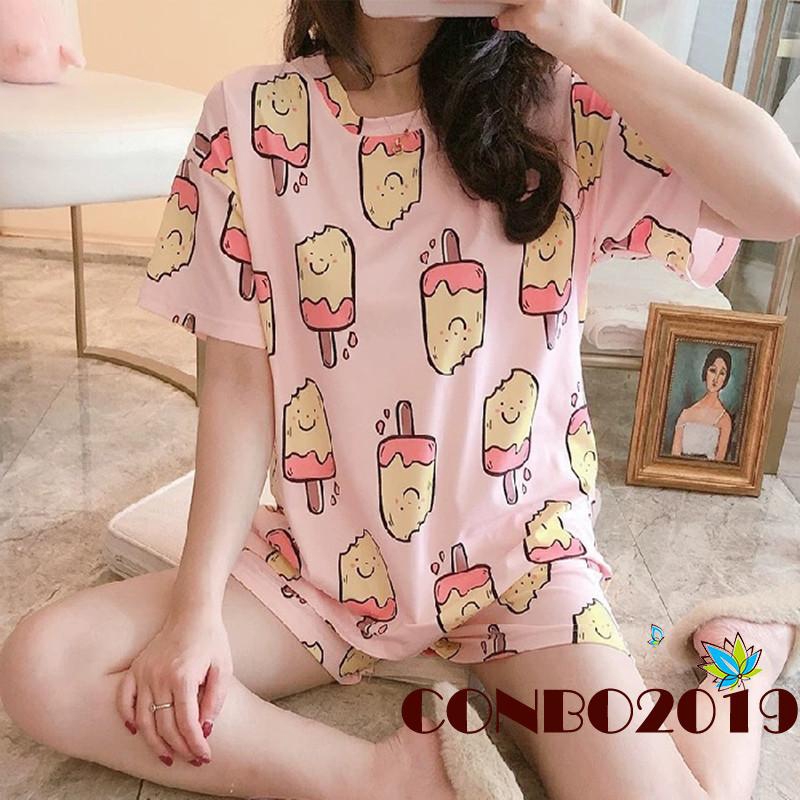 Set Đồ Ngủ Ngắn In Hình Cây Kem Dễ Thương Cho Nữ