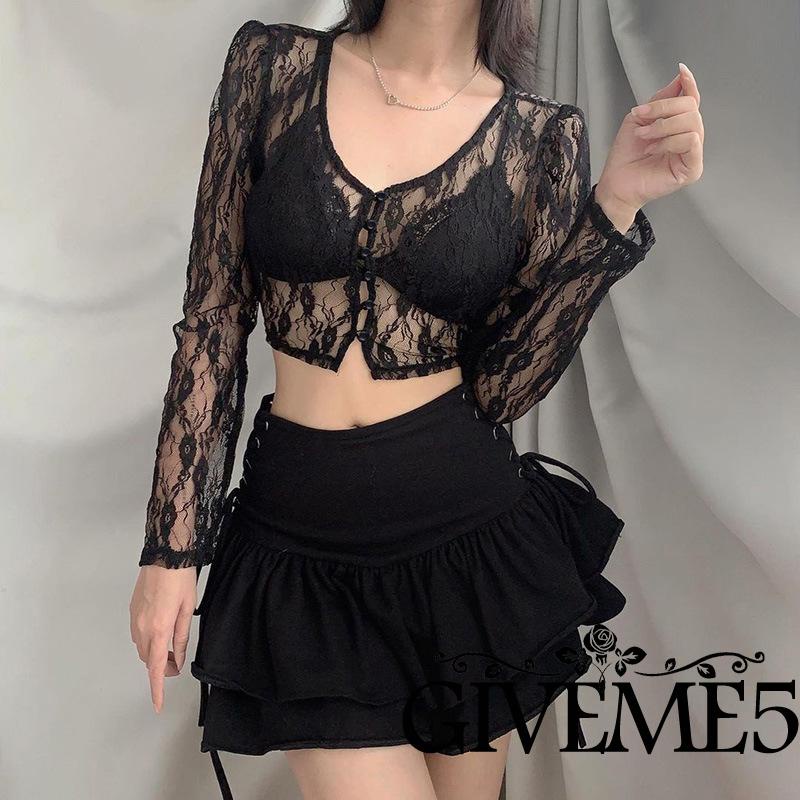 Áo croptop tay dài cổ chữ v phối ren thời trang dành cho nữ