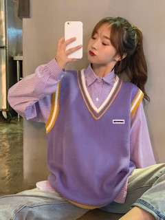 (CÓ SẴN SALE) Set áo gile len tím và áo sơmi sọc rộng ulzzang (có ảnh thật)