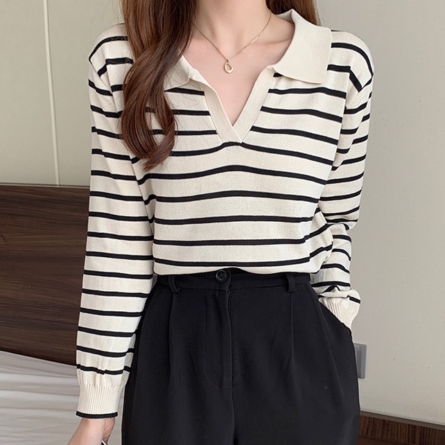 Áo sweater ZHELIHANGFEI cổ polo tay dài kẻ sọc dễ phối đồ hợp thời trang