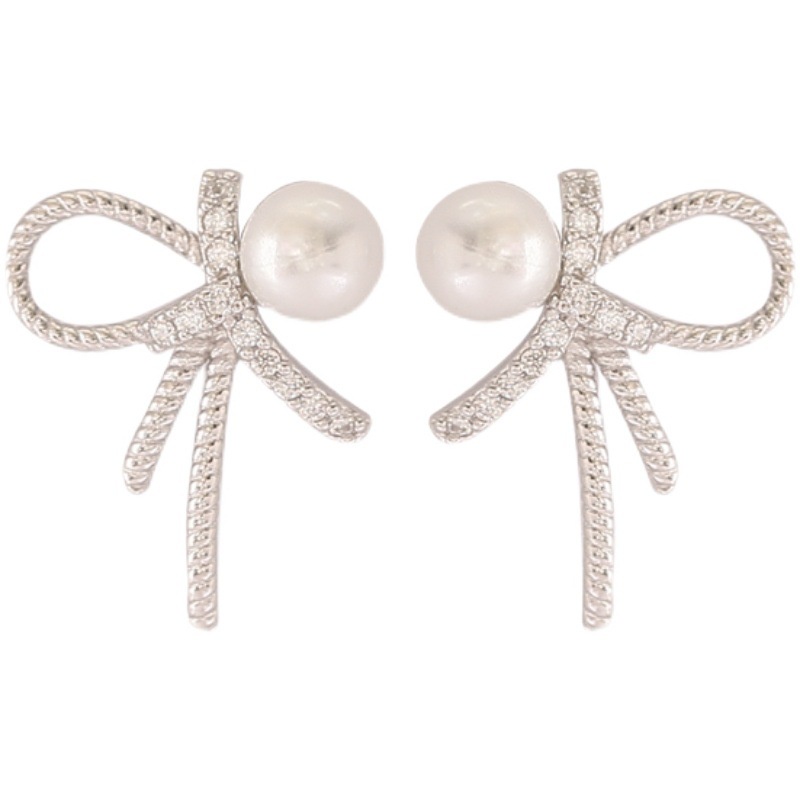 Bông tai ngọc trai thời trang nữ cao cấp hàn quốc nơ bông tai rhinestone