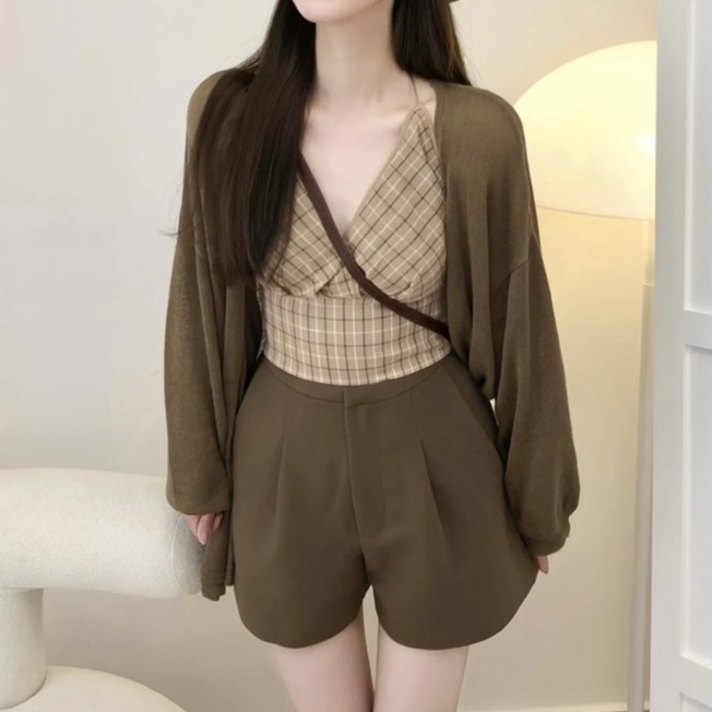SET 3 MÓN ÁO YẾM CARO + SORT + KHOÁC THUN