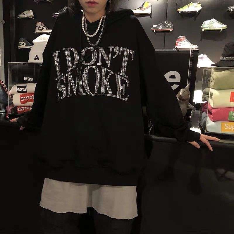 COZOK Áo Hoodie tay dài form rộng họa tiết kim cương phong cách hiphop
