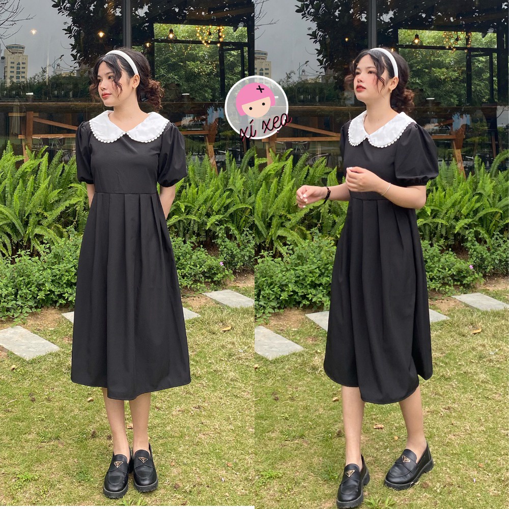 Váy dài đen cổ bèo, đầm nữ tiểu thư Hàn Quốc xixeoshop - V3