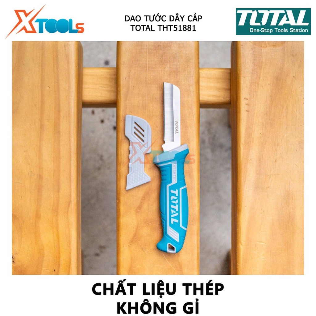 Dao tước dây cáp lưỡi thẳng TOTAL THT51881 | dụng cụ tuốt dây điện Kích thước 200mm, Chất liệu thép không gỉ, Có nắp vỏ