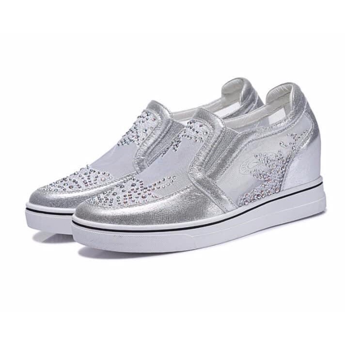 G1208 Xả kho giày lười nữ độn gót 6cm da thật phối lưới hàng nhập