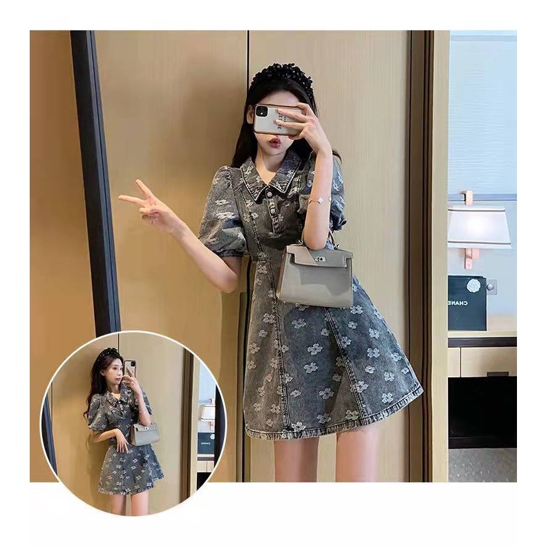 Váy demin cổ tích mua xuân form ngắn thiết kế chữ A kiểu Pháp