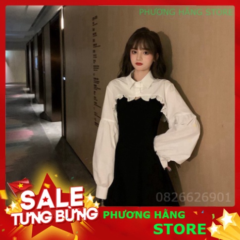 Set Váy Hai Dây Đen mix Sơ Mi Croptop Bèo Trắng Tay Dài - Áo Croptop Viền Bèo + Đầm Nữ Xòe - Set Xinh - PH💎👑