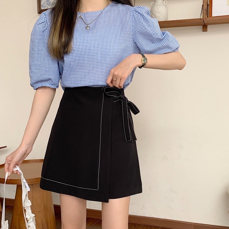 Chân váy nữ chữ a viền trần chỉ nổi Gom buộc nơ eo cách điệu thiết kế 2 lớp chất liệu thoáng mát M350 | BigBuy360 - bigbuy360.vn