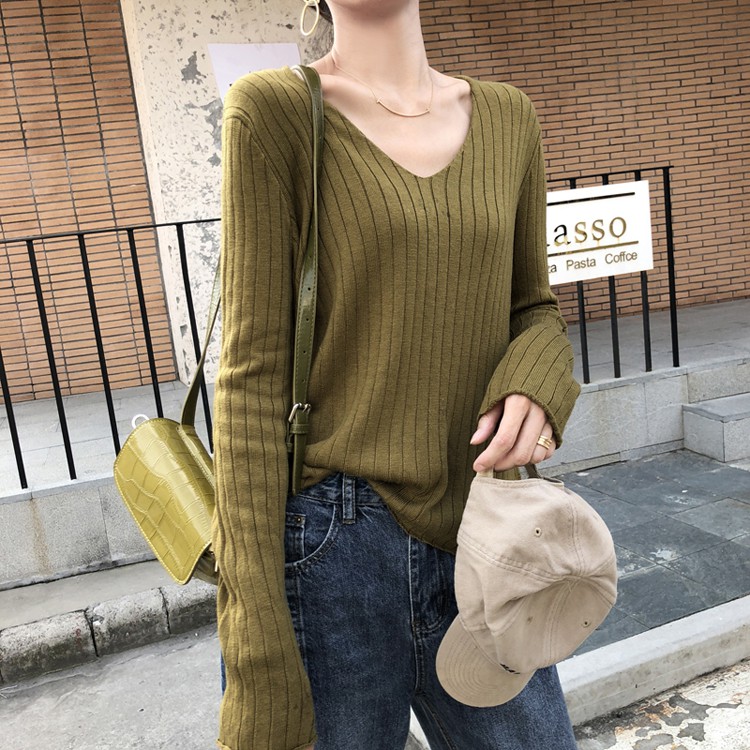 Áo dệt kim cổ V màu trơn phong cách Hàn Quốc thời trang cho nữ
