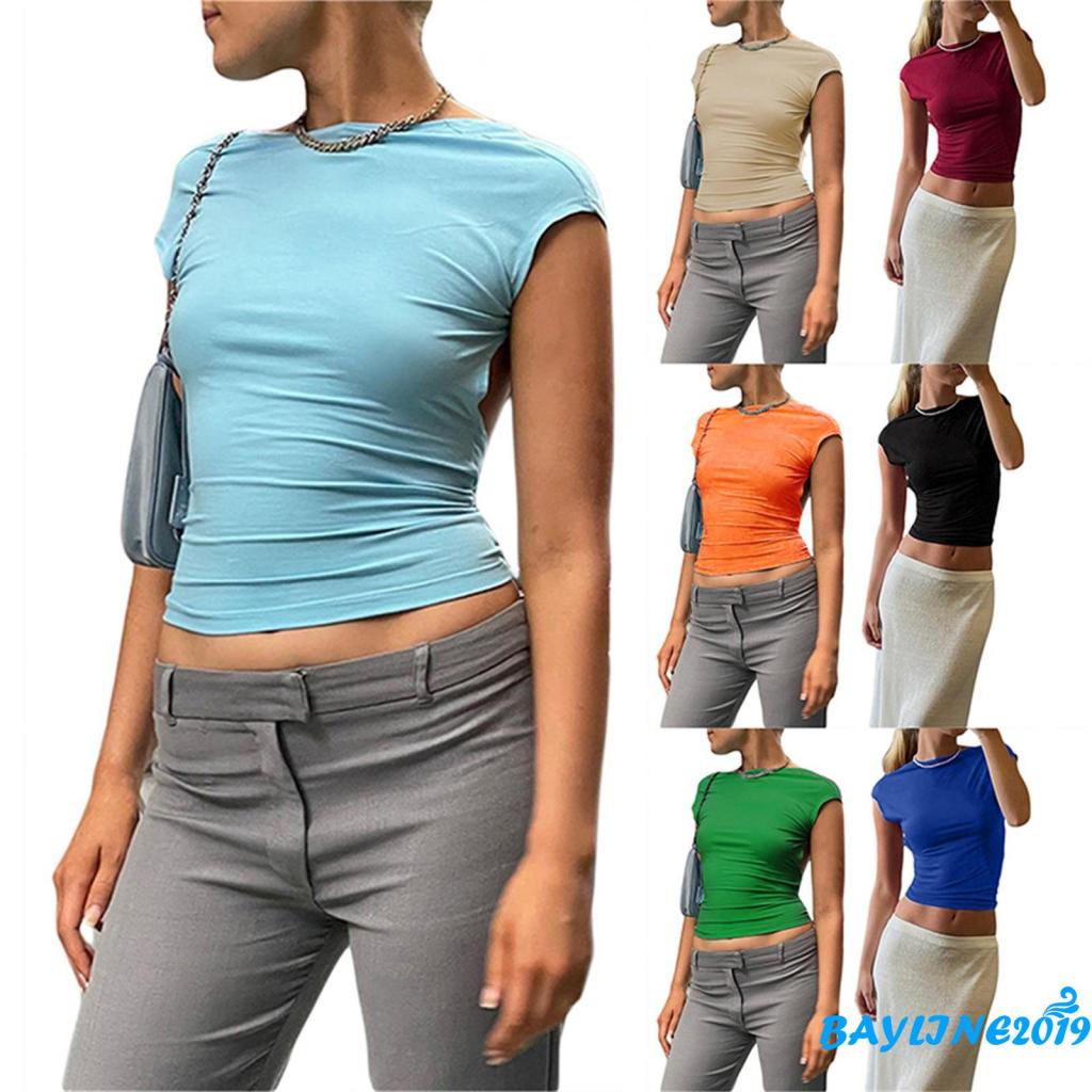 Áo Thun Crop Top Tay Ngắn Màu Trơn Hai Mặt Trước Sau Thời Trang Cho Nữ