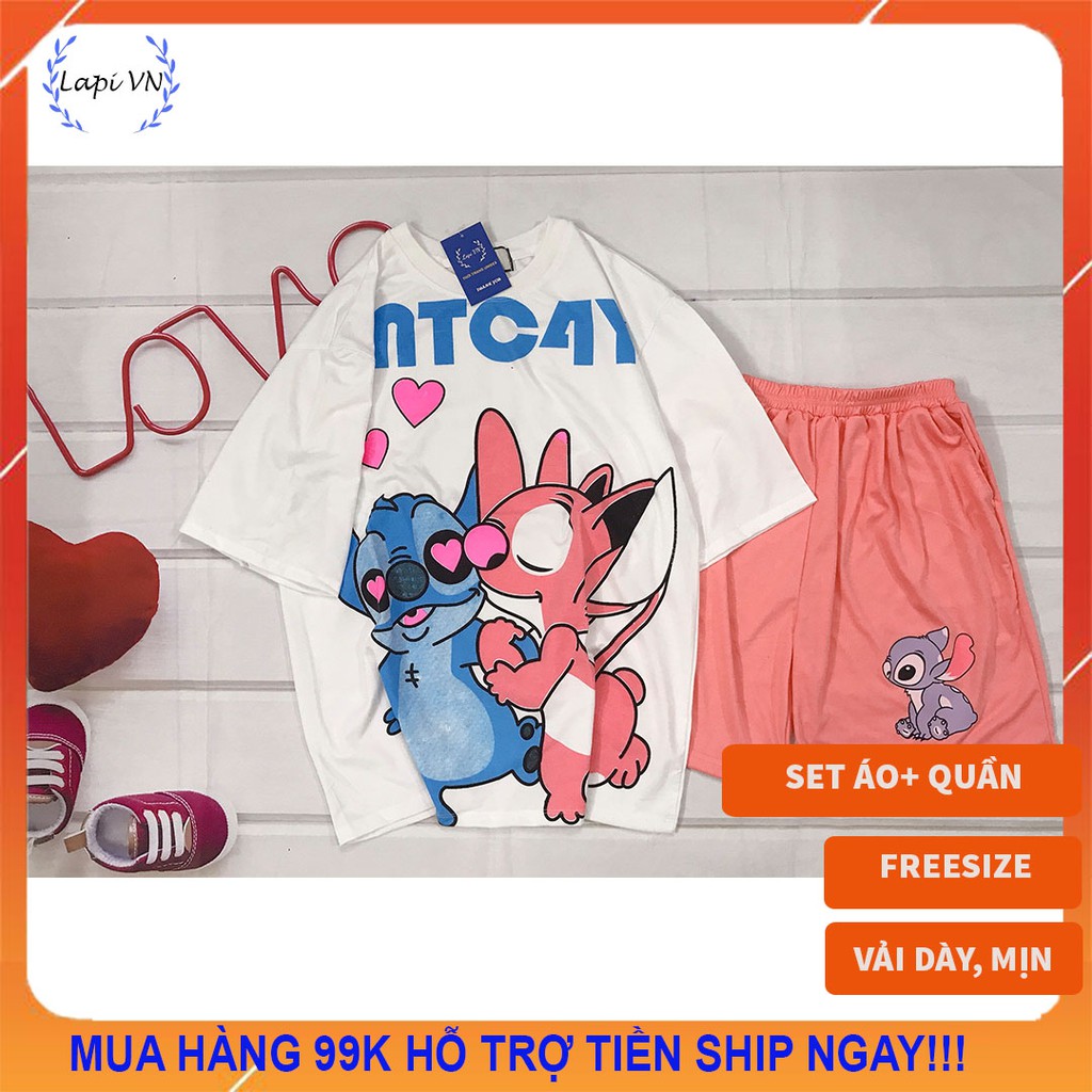 Set Đồ Bộ STITCH - LOVE cartoon 3D Cute DB49-Lapi VN Áo+ Quần Đùi Vải Thun Cotton Thoáng Mát, Freesize Đến 70kg