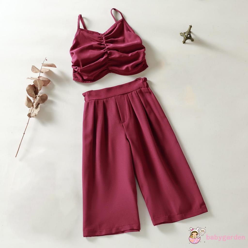 Bộ áo croptop sát nách màu trơn phối quần ống rộng thời trang mùa hè cho bé gái