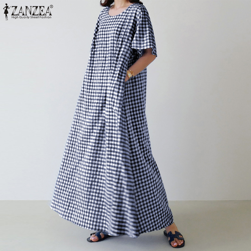 Đầm Maxi ZANZEA Cổ Tròn Tay Ngắn Họa Tiết Caro Phong Cách Vintage Cho Bạn Nữ