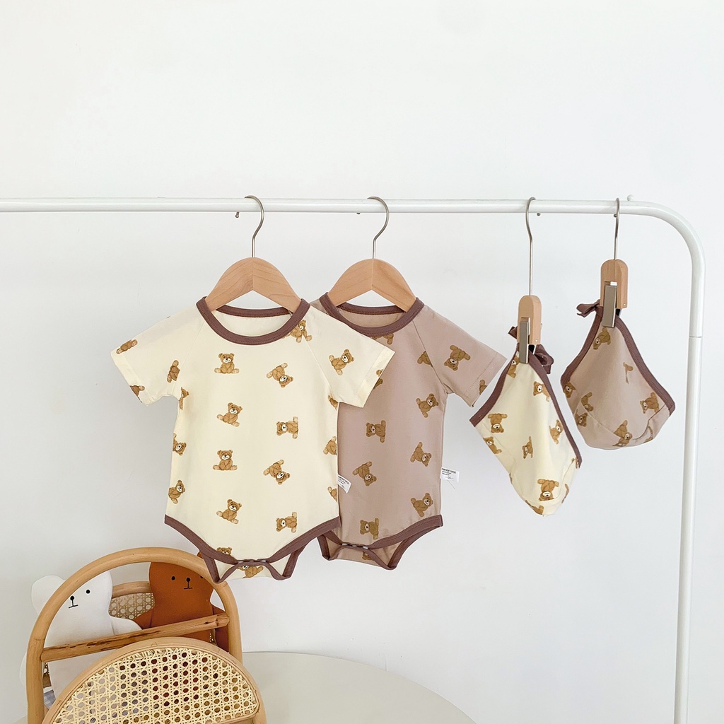Bộ Áo Liền Quần Chất Liệu Cotton In Hình Gấu Dễ Thương Kèm Nón Thời Trang Mùa Hè Cho Bé Sơ Sinh