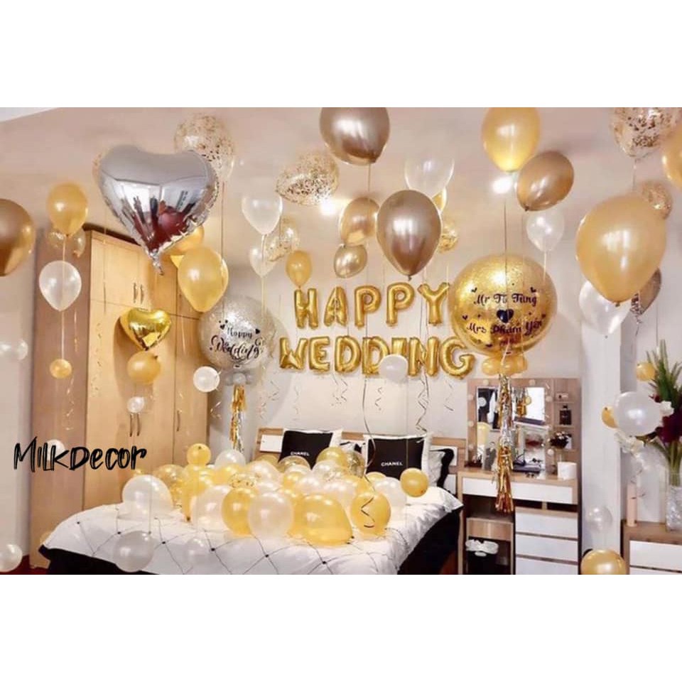 Bộ Bóng Bay Trang Trí Phòng Cưới Happy Wedding SK01 Màu Bạc Vàng - Đủ Phụ Kiện