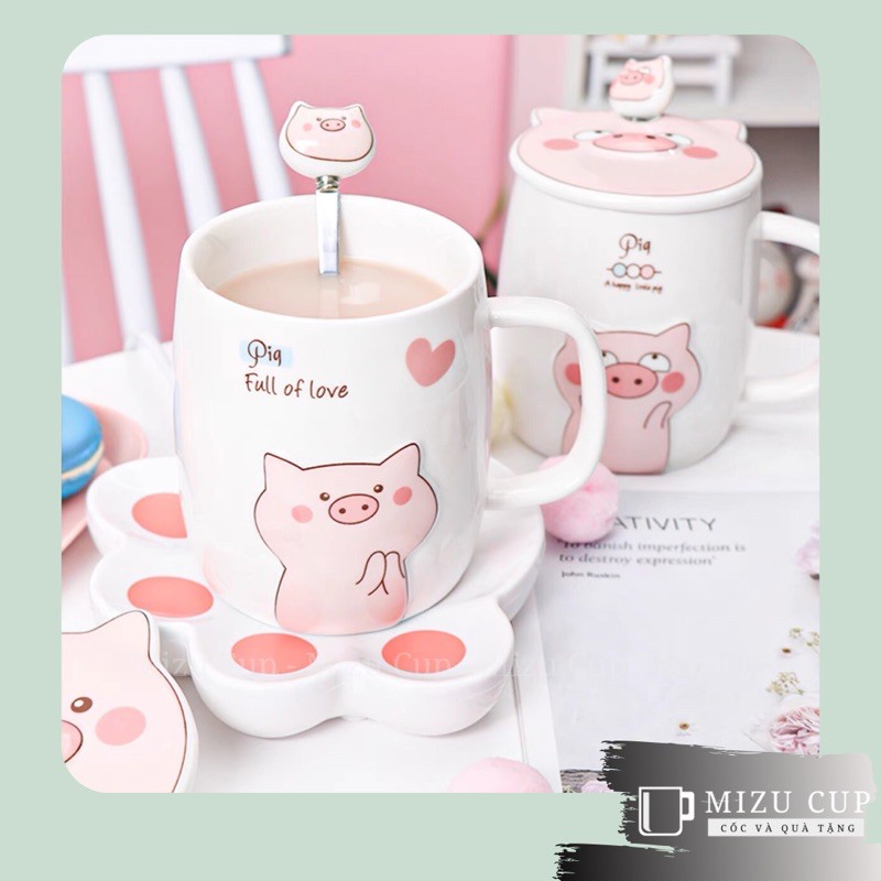 Cốc gốm sứ cao cấp hình bé heo biểu cảm siêu dễ thương kèm nắp thìa