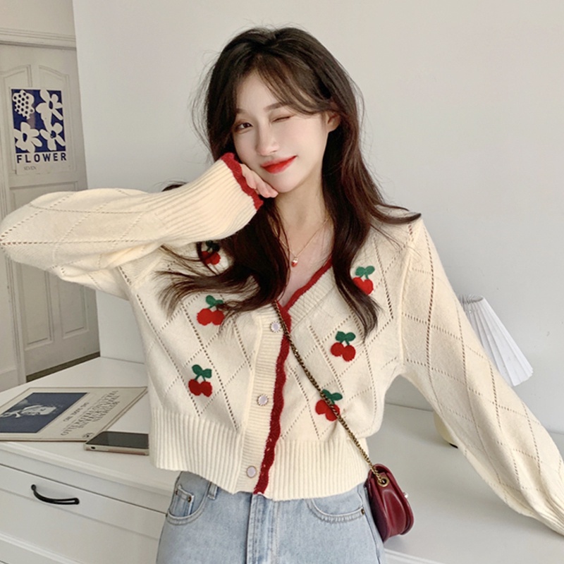 Áo khoác cardigan dệt kim tay dài cổ chữ V thêu họa tiết quả cherry vintage thanh lịch mới