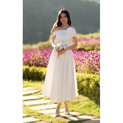 Đầm xoè midi TRIPBLE T DRESS mặc cưới bẹt vai phối hoa hồng rời eo hoặc vai - size S/M/L - MS196Y