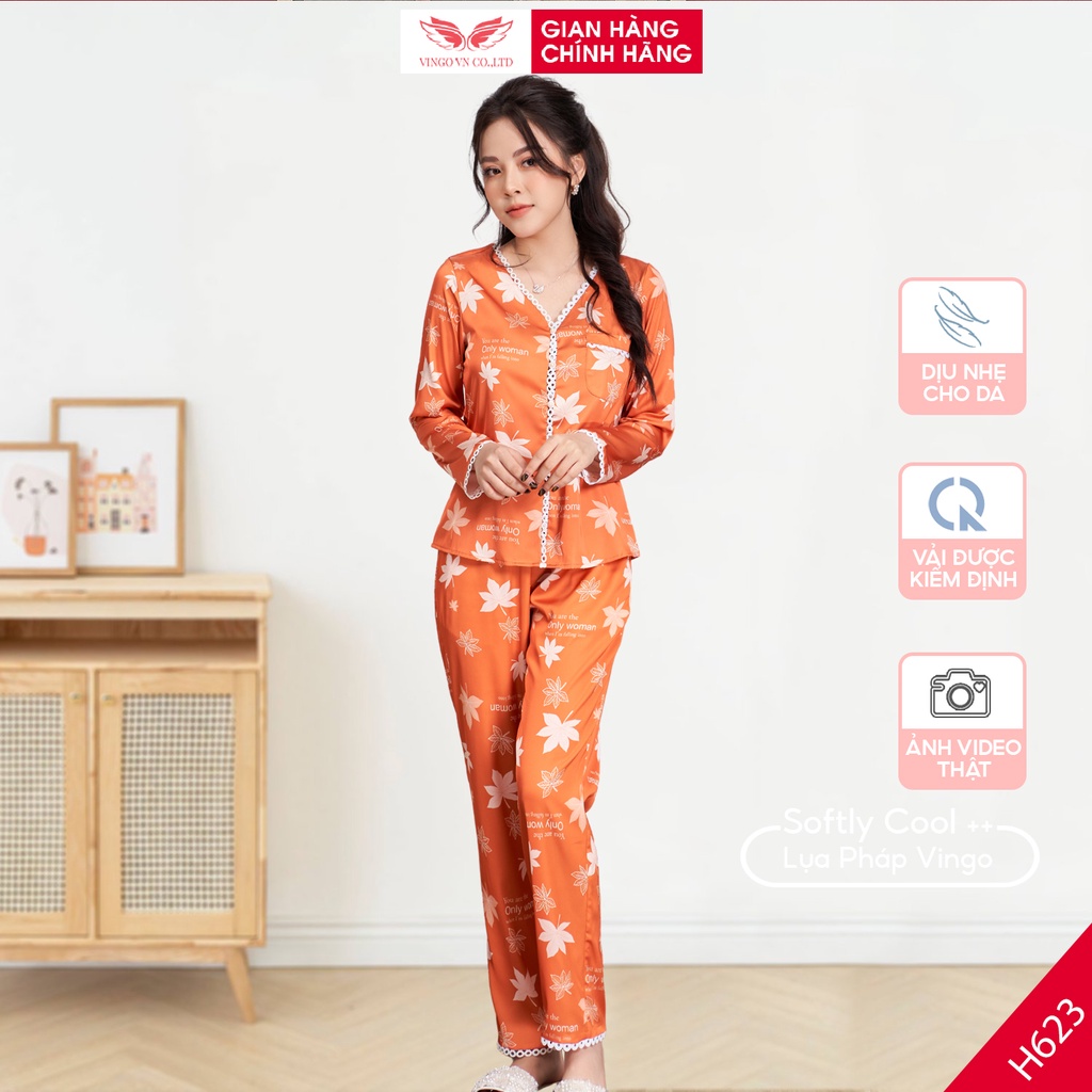 Đồ bộ nữ Pijama mặc nhà Lụa cao cấp mùa Thu VINGO tay dài quần dài lá cam phối ren thanh lịch H623 VNGO