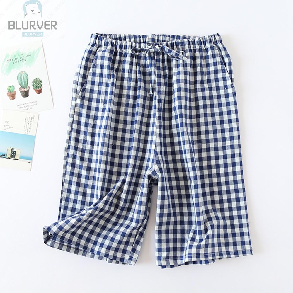 Pants Nightwear Pajama Plaid Short Pants Sleepwear Summer Cotton Elastic Waist