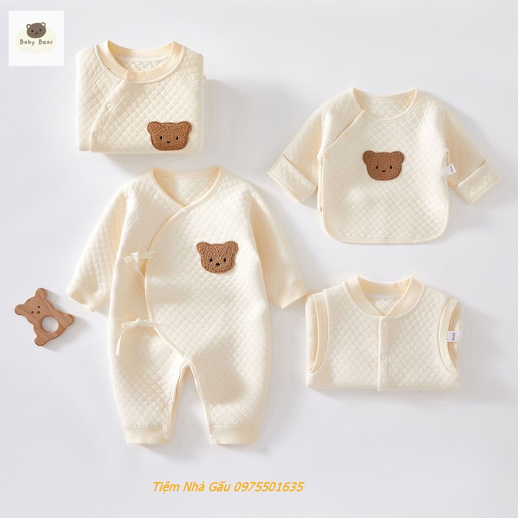 Body dày gắn gấu nâu chất liệu cotton cao cấp chần bông giữ ấm cho bé phong cách Hàn Quốc