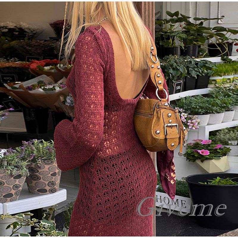 Đầm Dài Dệt Kim Màu Trơn Xuyên Thấu Cổ Tròn Tay Dài Thời Trang Mùa Hè Cho Nữ