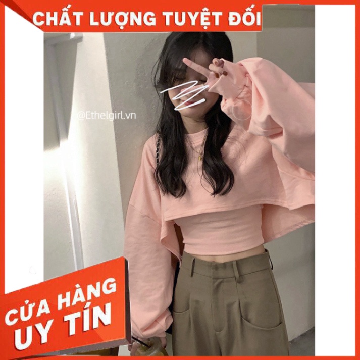 Set Áo Croptop Rộng Tay Dài Màu Trơn + Áo Hai Dây 2 Màu Tùy Chọn Thời Trang Hàn Quốc Cho Nữ - Hàng nhập khẩu