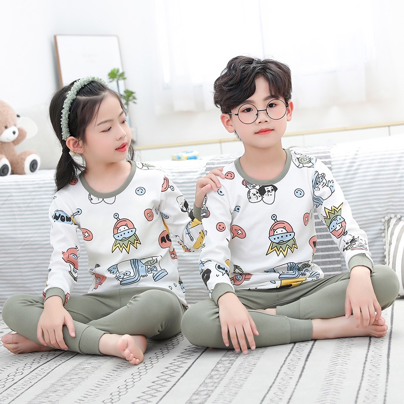 Bộ đồ ngủ chất liệu 100% cotton in họa tiết hoạt hình hợp thời trang xinh xắn dành cho bé trai và bé gái
