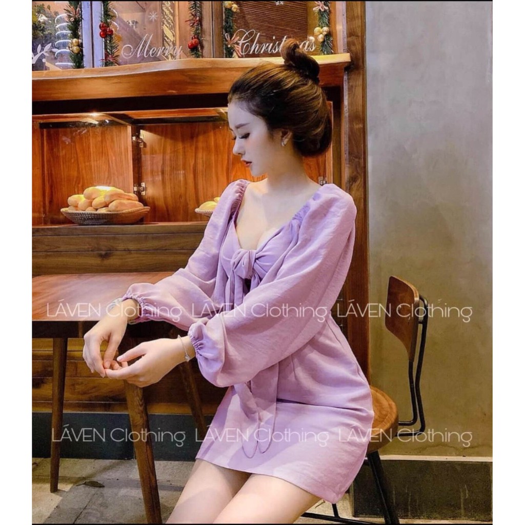 Váy đầm nữ dáng ôm kiểu tay phồng cột nơ trước ngực chất đũi cao cấp thiết kế trẻ trung quyến rũ thích hợp mặc đi chơi | BigBuy360 - bigbuy360.vn