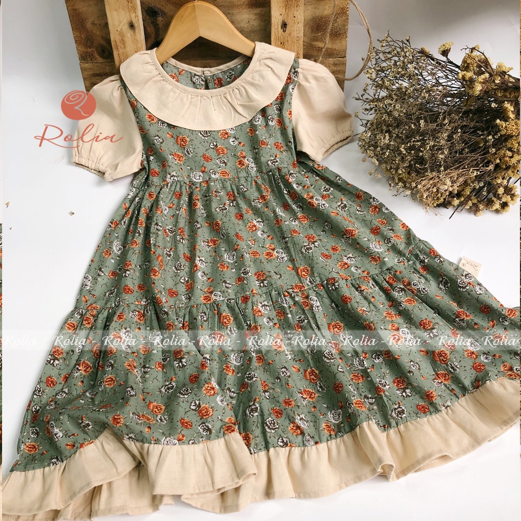 Váy bé gái hoa nhí phối bèo ROLIA Alula Style họa tiết lạ mắt chất đũi mềm mát mặc sáng da V90