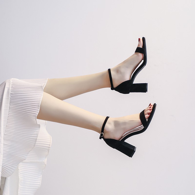 Sandal cao gót 7p nữ da lộn hở đầu đế vuông đẹp GURI BG10